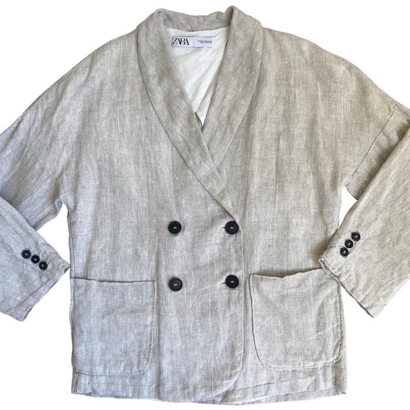 Zara Oversized Lagenlook Double Breasted Linen Blazer Jacket Oatmeal Size XS - Picture 14 of 16